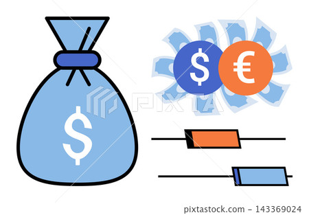 Money bag with dollar and euro currency icons vector illustration. Finance, banking, investment, savings, economy, wealth management. Sack of cash with international monetary symbols 143369024