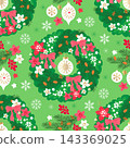 Cute Merry Christmas Seamless pattern Hand-drawn wreath with poinsettias, holly berries, rowanberry, branches and snowflakes Vector template background illustration 143369025