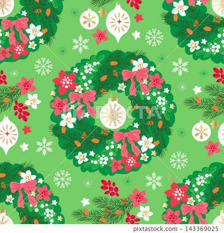 Cute Merry Christmas Seamless pattern Hand-drawn wreath with poinsettias, holly berries, rowanberry, branches and snowflakes Vector template background illustration 143369025