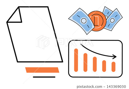 Financial document with falling chart and money vector illustration. Business crisis, economic recession, market crash, budget deficit, investment loss, bankruptcy. Paper sheet with graph Financial document with falling chart and money vector illustration. Business crisis, economic recession, market crash, budget deficit, investment loss, bankruptcy. Paper sheet with graph 143369030