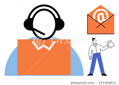 Customer support operator with headset and email icon vector illustration. Communication, business, service, technology, contact, assistance. Help desk agent with digital mail and documents Customer support operator with headset and email icon vector illustration. Communication, business, service, technology, contact, assistance. Help desk agent with digital mail and documents 143369032