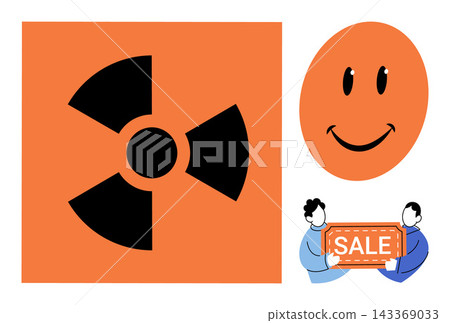 Radiation hazard sign with a happy face and people holding a sale sign vector illustration. Nuclear energy, safety warning, retail discount, shopping event, radioactive danger, commerce. Radioactive 143369033