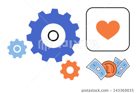 Gears heart and money icons vector illustration. Efficiency, customer loyalty, financial growth, business management, service quality, profit optimization. Mechanical parts love symbol currency Gears heart and money icons vector illustration. Efficiency, customer loyalty, financial growth, business management, service quality, profit optimization. Mechanical parts love symbol currency 143369035