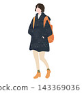 A woman in autumn/winter fashion carrying a backpack. 143369036