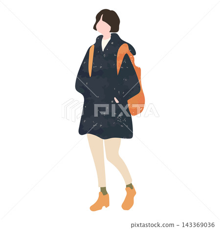 一位身著秋冬裝扮的女士背著背包。 一位身著秋冬裝扮的女士背著背包。 143369036