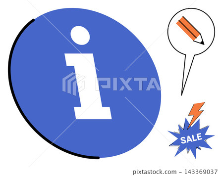 Information icon with pencil and sale flash vector illustration. Marketing, retail, communication, education, promotion, business. Blue circle with letter i and writing tool symbol 143369037