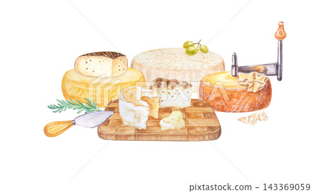 Artisan cheese horizontal composition with girolle, tete de moine, camembert, board and grapes. Hand drawn watercolor illustration isolated on. Realistic gourmet food clipart for menu design Artisan cheese horizontal composition with girolle, tete de moine, camembert, board and grapes. Hand drawn watercolor illustration isolated on. Realistic gourmet food clipart for menu design 143369059