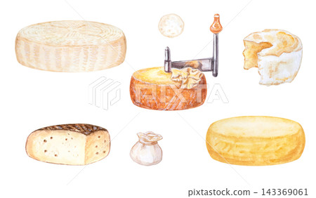 Artisan gourmet cheese set with whole wheels, girolle cutter, tete de moine, camembert and burrata. Hand drawn watercolor illustration isolated on. Realistic detailed food clipart for menu design Artisan gourmet cheese set with whole wheels, girolle cutter, tete de moine, camembert and burrata. Hand drawn watercolor illustration isolated on. Realistic detailed food clipart for menu design 143369061
