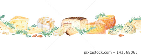 Artisan cheese seamless border horizontal pattern with rosemary herbs and almonds. Hand drawn watercolor illustration isolated on. Realistic gourmet food clipart for menu design Artisan cheese seamless border horizontal pattern with rosemary herbs and almonds. Hand drawn watercolor illustration isolated on. Realistic gourmet food clipart for menu design 143369063