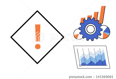 Warning sign gear and financial charts vector illustration. Data analysis, project management, risk assessment, business strategy, performance tracking, corporate planning. Alert symbol cogwheel Warning sign gear and financial charts vector illustration. Data analysis, project management, risk assessment, business strategy, performance tracking, corporate planning. Alert symbol cogwheel 143369065