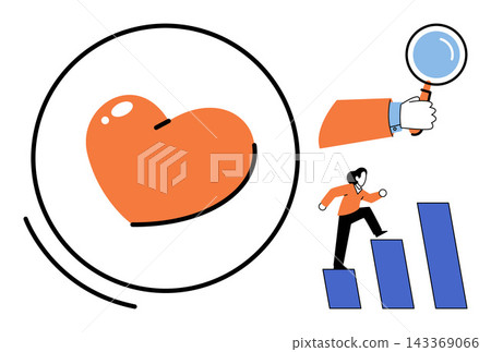 Heart icon magnifying glass and person climbing bar chart vector illustration. Health analysis, business growth, career development, data research, success strategy, goal achievement. Love symbol Heart icon magnifying glass and person climbing bar chart vector illustration. Health analysis, business growth, career development, data research, success strategy, goal achievement. Love symbol 143369066