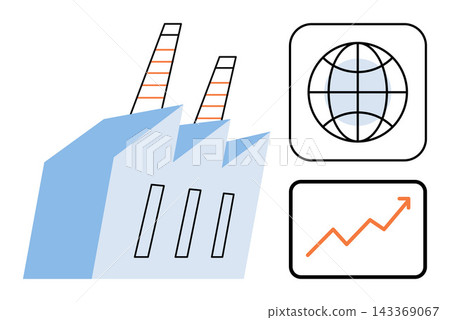 Industrial factory building with global and growth chart icons vector illustration. Manufacturing, international trade, economic development, business expansion, logistics, supply chain. Production Industrial factory building with global and growth chart icons vector illustration. Manufacturing, international trade, economic development, business expansion, logistics, supply chain. Production 143369067
