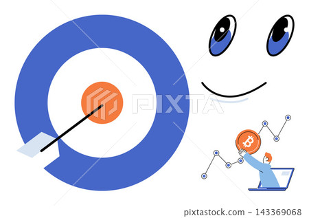 Target icon with arrow and person holding bitcoin on a growth chart vector illustration. Finance, investment, cryptocurrency, trading, strategy, success. Bullseye symbol with digital currency Target icon with arrow and person holding bitcoin on a growth chart vector illustration. Finance, investment, cryptocurrency, trading, strategy, success. Bullseye symbol with digital currency 143369068