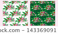 Set of seamless pattern christmas elegant festive modern style Hand-drawn cute poinsettias, holly berries, ribbon, rowanberry, branches and snowflakes Vector template background illustration 143369091