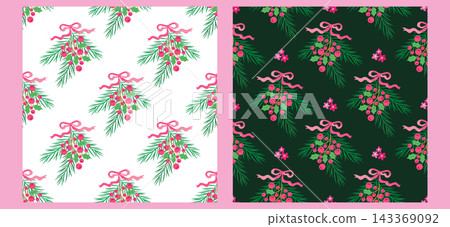 Set of seamless pattern christmas elegant festive modern style Hand-drawn cute poinsettias, holly berries, ribbon, rowanberry, branches and snowflakes Vector template background illustration Set of seamless pattern christmas elegant festive modern style Hand-drawn cute poinsettias, holly berries, ribbon, rowanberry, branches and snowflakes Vector template background illustration 143369092