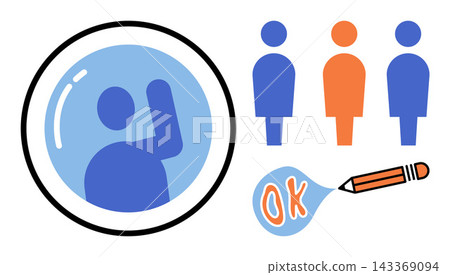 Feedback and communication icons set with person in circle and OK sign vector illustration. Approval, agreement, consensus, survey, opinion, voting. User selection and positive response symbols Feedback and communication icons set with person in circle and OK sign vector illustration. Approval, agreement, consensus, survey, opinion, voting. User selection and positive response symbols 143369094