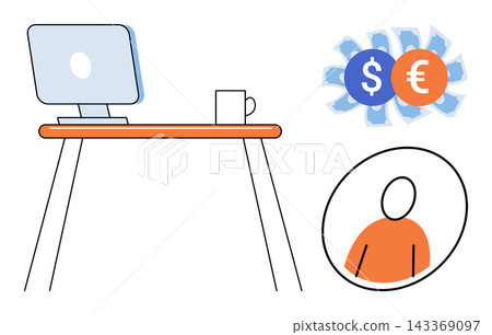 Office desk with computer and currency symbols vector illustration. Remote work, global finance, freelance income, digital nomad, international business, online earnings. Workspace with money icons Office desk with computer and currency symbols vector illustration. Remote work, global finance, freelance income, digital nomad, international business, online earnings. Workspace with money icons 143369097