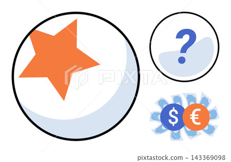 Star rating with question mark and currency symbols vector illustration. Customer feedback, financial evaluation, market research, investment choice, service quality, economic analysis. Ranking icon Star rating with question mark and currency symbols vector illustration. Customer feedback, financial evaluation, market research, investment choice, service quality, economic analysis. Ranking icon 143369098