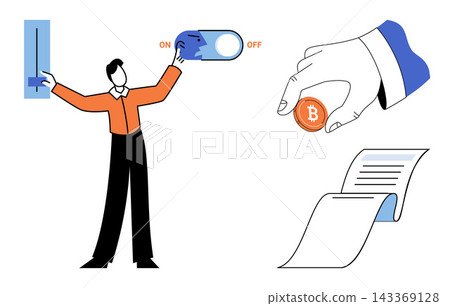 Man adjusting settings and holding bitcoin vector illustration. Productivity, financial management, digital currency, workflow optimization, investment strategy, business control. Person managing 143369128