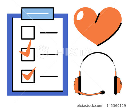 Clipboard with checklist, heart shape, and headset vector illustration. Patient care, medical support, health monitoring, wellness tracking, customer service, remote assistance. Clinical form 143369129