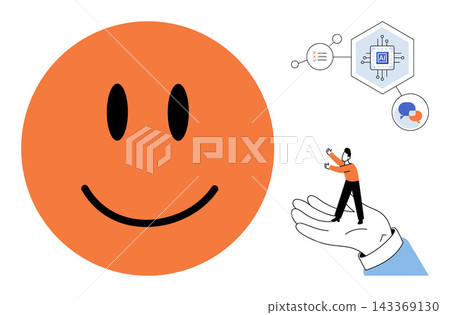 A tiny person standing on a hand next to a large happy face and AI icons vector illustration. Customer feedback, digital service, machine learning, user experience, data analysis, support. Small 143369130