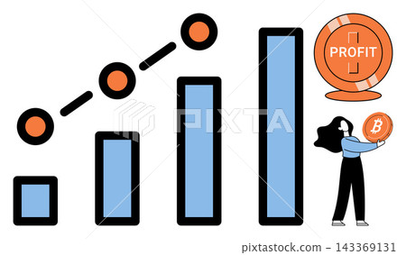 Business growth bar chart with a woman holding a bitcoin and profit coin vector illustration. Finance, investment, cryptocurrency, digital currency, wealth, market success. Financial progress graph Business growth bar chart with a woman holding a bitcoin and profit coin vector illustration. Finance, investment, cryptocurrency, digital currency, wealth, market success. Financial progress graph 143369131