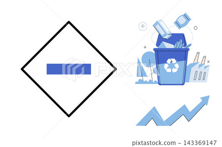 Recycling bin with waste and rising growth arrow vector illustration. Sustainability, ecology, waste management, environmental protection, circular economy, business growth. Trash container Recycling bin with waste and rising growth arrow vector illustration. Sustainability, ecology, waste management, environmental protection, circular economy, business growth. Trash container 143369147
