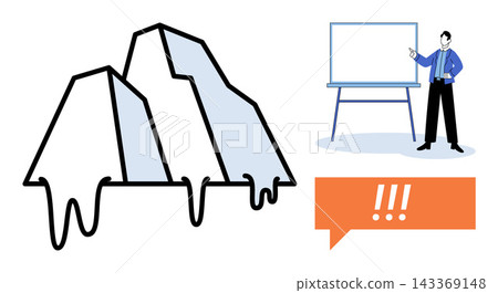 Melting iceberg with a business presenter at a whiteboard vector illustration. Climate change, global warming, environmental risk, business strategy, data analysis, urgent warning. Thawing glacier Melting iceberg with a business presenter at a whiteboard vector illustration. Climate change, global warming, environmental risk, business strategy, data analysis, urgent warning. Thawing glacier 143369148
