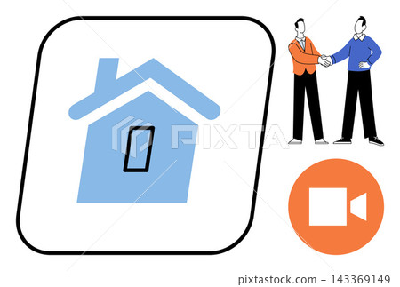 House icon with business people shaking hands and video camera symbol vector illustration. Property investment, corporate partnership, remote communication, digital meeting, housing market, online House icon with business people shaking hands and video camera symbol vector illustration. Property investment, corporate partnership, remote communication, digital meeting, housing market, online 143369149