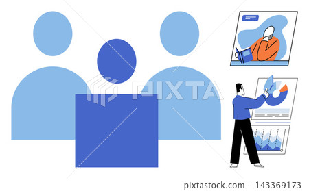 Business presentation and team collaboration vector illustration. Corporate training, strategy meeting, professional development, data analysis, teamwork, project management. Office staff discussing Business presentation and team collaboration vector illustration. Corporate training, strategy meeting, professional development, data analysis, teamwork, project management. Office staff discussing 143369173