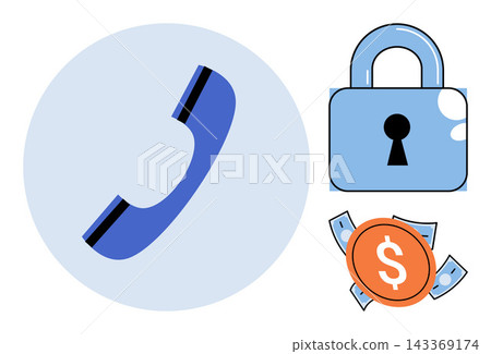 Telephone handset, padlock, and money symbols vector illustration. Financial security, digital banking, customer support, payment protection, remote transaction, data privacy. Phone receiver, lock Telephone handset, padlock, and money symbols vector illustration. Financial security, digital banking, customer support, payment protection, remote transaction, data privacy. Phone receiver, lock 143369174