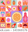 Happy Thanksgiving day  template autumn Holiday design family dinner postcard with Turkey; pie, pumpkin, fruit, food Vector cute illustration 143369176