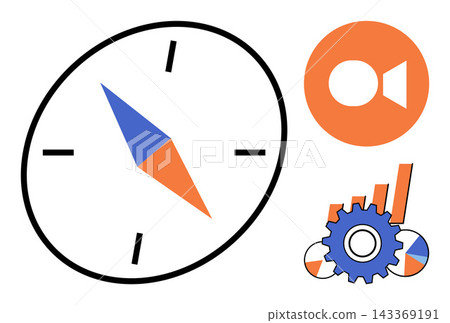 Compass and business analytics icons vector illustration. Navigation, strategy, planning, management, growth, development. Directional tool and data charts with gear symbol for corporate projects Compass and business analytics icons vector illustration. Navigation, strategy, planning, management, growth, development. Directional tool and data charts with gear symbol for corporate projects 143369191
