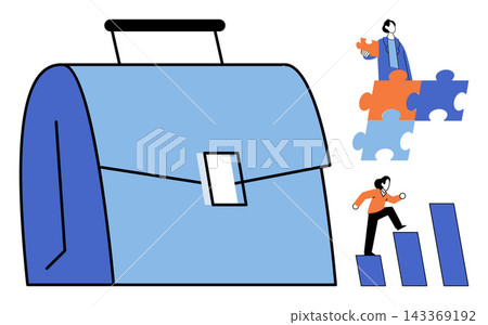 Business briefcase with people solving puzzles and climbing growth charts vector illustration. Professional development, career advancement, problem solving, teamwork, strategy, corporate success Business briefcase with people solving puzzles and climbing growth charts vector illustration. Professional development, career advancement, problem solving, teamwork, strategy, corporate success 143369192