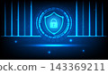 Technology background featuring a glowing security shield and padlock with vertical laser lines 143369211