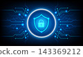 Technology security vector background with glowing shield, padlock and circuit board lines 143369212