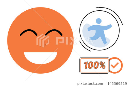 A smiling orange face emotion with a running person icon and a hundred percent success symbol vector illustration. Happiness, fitness, achievement, progress, motivation, goal. Joyful emoticon A smiling orange face emotion with a running person icon and a hundred percent success symbol vector illustration. Happiness, fitness, achievement, progress, motivation, goal. Joyful emoticon 143369219