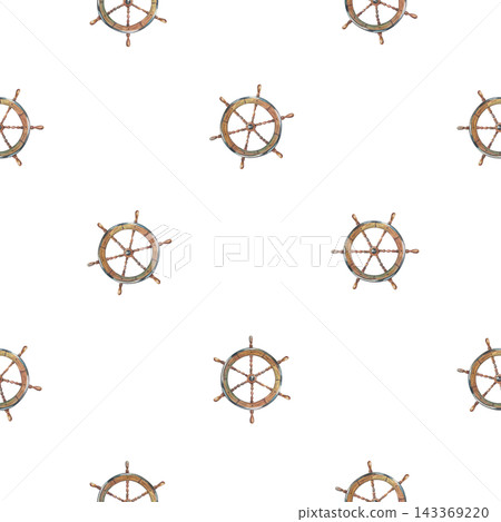 Watercolor nautical seamless pattern with vintage wooden steering wheel helm elements. Isolated hand drawn watercolor illustration for creative marine background textile wallpaper design Watercolor nautical seamless pattern with vintage wooden steering wheel helm elements. Isolated hand drawn watercolor illustration for creative marine background textile wallpaper design 143369220