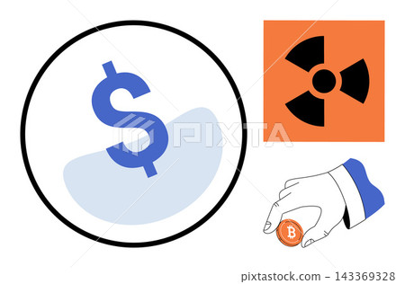 Dollar sign, radiation hazard symbol, and hand holding a bitcoin coin vector illustration. Finance, investment, risk, digital currency, economy, danger. Money icon, nuclear sign, crypto Dollar sign, radiation hazard symbol, and hand holding a bitcoin coin vector illustration. Finance, investment, risk, digital currency, economy, danger. Money icon, nuclear sign, crypto 143369328