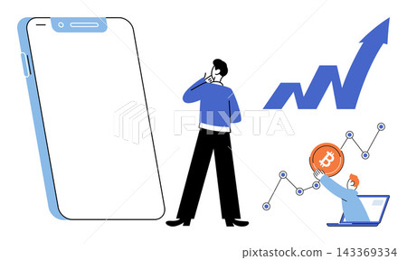 Man looking at a smartphone and digital charts is a vector illustration. Investment, finance, cryptocurrency, business growth, market analysis, digital economy. Person observing rising stock graphs Man looking at a smartphone and digital charts is a vector illustration. Investment, finance, cryptocurrency, business growth, market analysis, digital economy. Person observing rising stock graphs 143369334