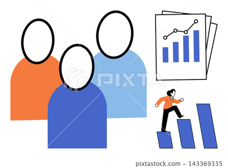 People icons with a business chart and a woman climbing a bar graph vector illustration. Professional development, corporate growth, teamwork, career advancement, success, leadership. Group avatars People icons with a business chart and a woman climbing a bar graph vector illustration. Professional development, corporate growth, teamwork, career advancement, success, leadership. Group avatars 143369335