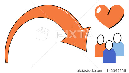 Curved arrow pointing to a heart icon and group of people vector illustration. Community, love, social connection, charity, teamwork, unity. Directional pointer indicating human relationships Curved arrow pointing to a heart icon and group of people vector illustration. Community, love, social connection, charity, teamwork, unity. Directional pointer indicating human relationships 143369336