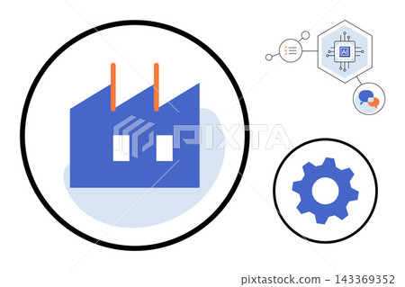 Factory building and gear icons with digital network elements vector illustration. Industry 4.0, manufacturing, automation, technology, production, innovation. Industrial plant and cogwheel symbols Factory building and gear icons with digital network elements vector illustration. Industry 4.0, manufacturing, automation, technology, production, innovation. Industrial plant and cogwheel symbols 143369352