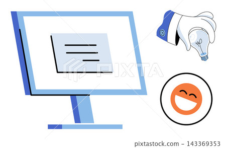 Computer screen with document, hand holding lightbulb and smiling face icon vector illustration. Innovation, business strategy, digital communication, creative thinking, feedback, user experience Computer screen with document, hand holding lightbulb and smiling face icon vector illustration. Innovation, business strategy, digital communication, creative thinking, feedback, user experience 143369353
