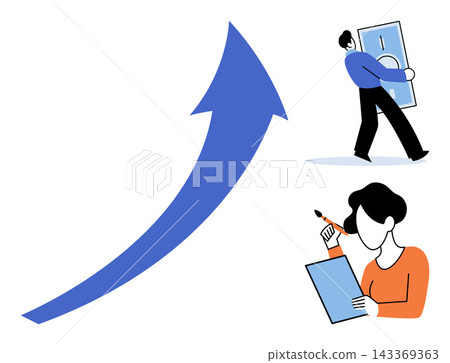 People working with money and art tools next to a rising arrow vector illustration. Financial success, creative process, career development, investment, productivity, artistic design. Characters People working with money and art tools next to a rising arrow vector illustration. Financial success, creative process, career development, investment, productivity, artistic design. Characters 143369363