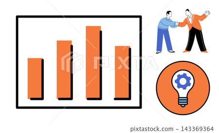 Bar chart with teamwork and lightbulb icons vector illustration. Business development, corporate growth, professional collaboration, creative solution, project management, data analysis. Financial Bar chart with teamwork and lightbulb icons vector illustration. Business development, corporate growth, professional collaboration, creative solution, project management, data analysis. Financial 143369364