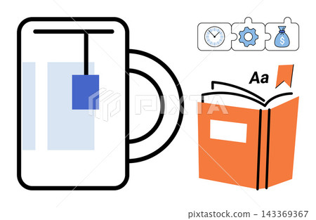 Tea cup with tea bag, open book, and puzzle icons time management and finance vector illustration. Education, productivity, planning, business, knowledge, lifestyle. Hot beverage, literature, clock Tea cup with tea bag, open book, and puzzle icons time management and finance vector illustration. Education, productivity, planning, business, knowledge, lifestyle. Hot beverage, literature, clock 143369367