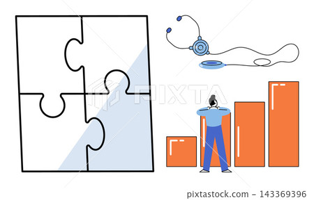Jigsaw puzzle pieces with a stethoscope and a person looking at a bar chart vector illustration. Healthcare strategy, medical research, data analysis, problem solving, clinical planning, diagnostics Jigsaw puzzle pieces with a stethoscope and a person looking at a bar chart vector illustration. Healthcare strategy, medical research, data analysis, problem solving, clinical planning, diagnostics 143369396