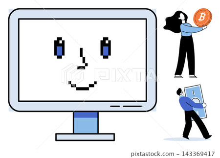 Computer monitor with a pixel face and people holding money vector illustration. Cryptocurrency, online banking, digital finance, electronic payment, investment, wealth management. Screen 143369417