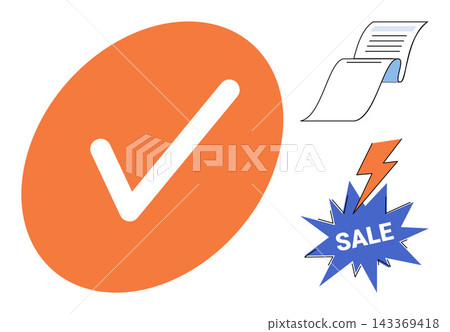 Checkmark, document, and sale flash vector illustration. Marketing, commerce, business, finance, shopping, retail. Tick symbol paper sheet discount badge promotional graphic elements Checkmark, document, and sale flash vector illustration. Marketing, commerce, business, finance, shopping, retail. Tick symbol paper sheet discount badge promotional graphic elements 143369418